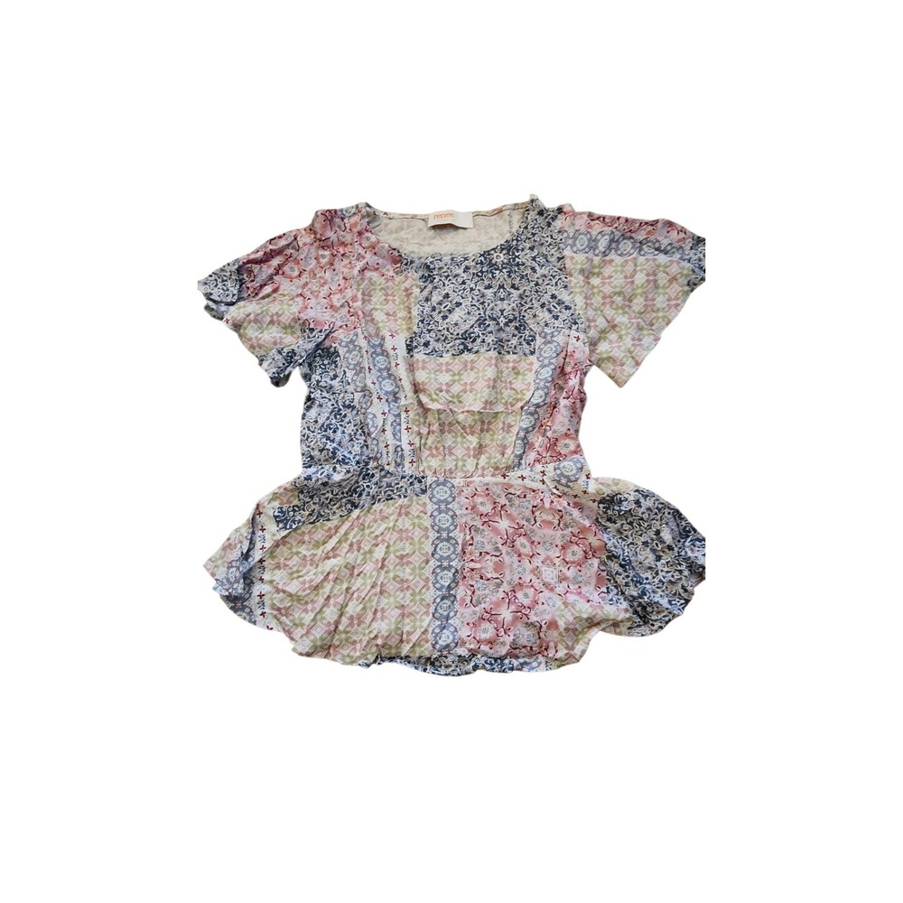 Renee C Womens Patchwork Print Peplum Top Short Flutter Sleeve Multicolor Blouse